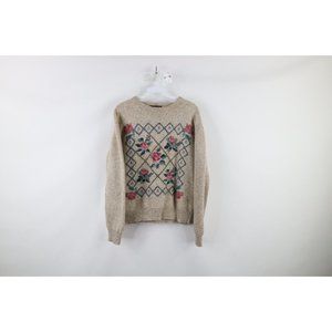 Vintage 90s Eddie Bauer Womens Small Distressed Wool Knit Quilt Rose Sweater